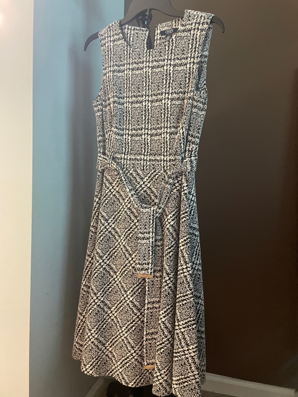 Champs Black and White Plaid Sleeveless Midi Dress with Belt